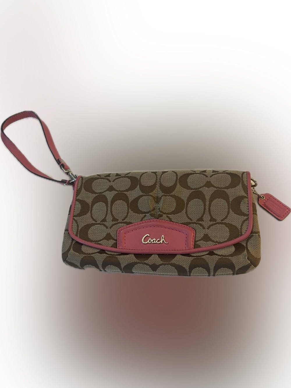 Coach Brown Signature Canvas Clutch with Pink Trim
